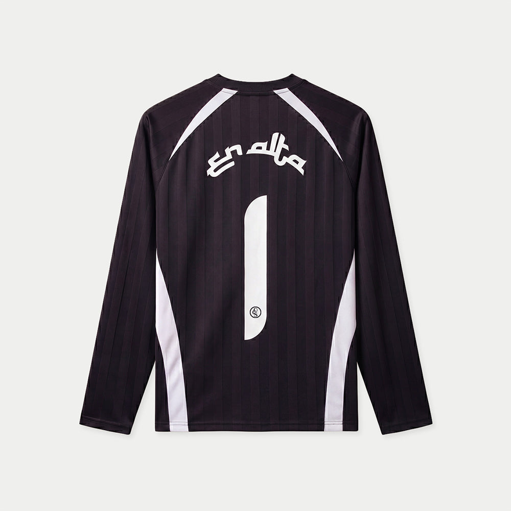Longsleeve-Trikot „En Alta“ von Caracas Merch in Schwarz, Rückansicht, flach liegend, mit Nummer 1 und geschwungenem „En Alta“-Schriftzug
